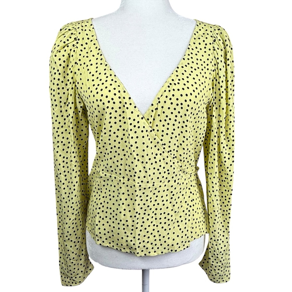 Mango Wrap Blouse Top Yellow Black Polka Dot 4 - Picture 3 of 6